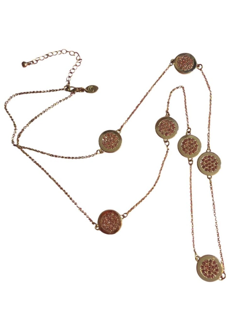 Charming Charlie Gold Tone Chain Necklace Round Disk Pink Rhinestones 37"
